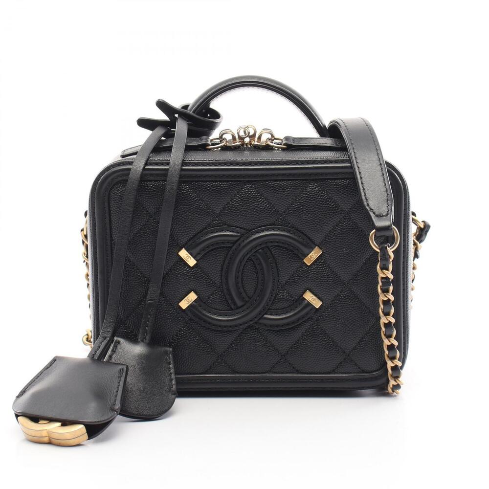 Chanel CC Figley Vanity Bag Shoulder Leather Grained Calfskin Black